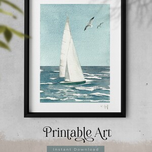 May include: A watercolor painting of a sailboat on a blue ocean with two seagulls flying overhead. The sky is a light blue and the water is a darker blue with whitecaps. The sailboat is white with a green hull.