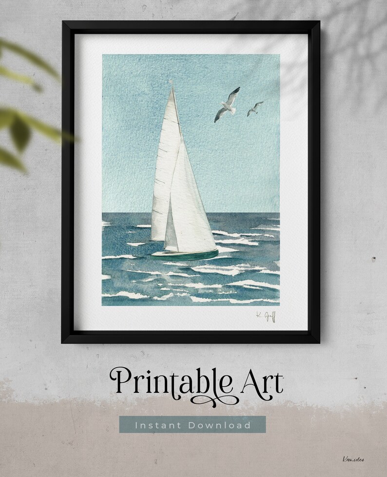May include: A watercolor painting of a sailboat on a blue ocean with two seagulls flying overhead. The sky is a light blue and the water is a darker blue with whitecaps. The sailboat is white with a green hull.