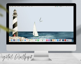 Maritimer Desktop-Hintergrund für Computer, Tablet oder Zoom, Lighthouse Zeilboot & Ocean Scene Wallpaper, Digitale wallpaper achtergrond JPG