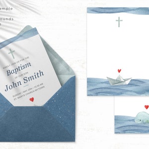 May include: A blue and white watercolor invitation for a baptism with a white paper boat with a red heart on top, floating on blue water. The invitation text reads "Kindly join us for the Baptism of our son John Smith Sunday/May 25th/10:30 AM St. Mary's Church Mytown".
