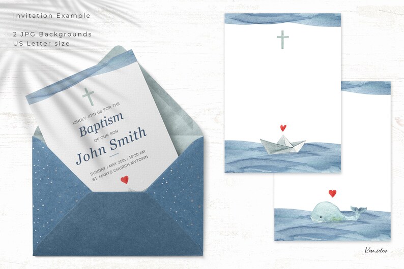 May include: A blue and white watercolor invitation for a baptism with a white paper boat with a red heart on top, floating on blue water. The invitation text reads "Kindly join us for the Baptism of our son John Smith Sunday/May 25th/10:30 AM St. Mary's Church Mytown".