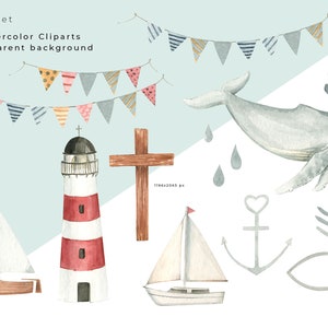 Op de afbeelding: Een set van 17 aquarel-clipart afbeeldingen met nautische en religieuze thema's. De afbeeldingen omvatten een vuurtoren, een zeilboot, een walvis, een kruis, een anker, een vis, golven en een vlaggenlijn. De afbeeldingen zijn perfect voor het maken van uitnodigingen, kaarten en andere knutselwerkjes.
