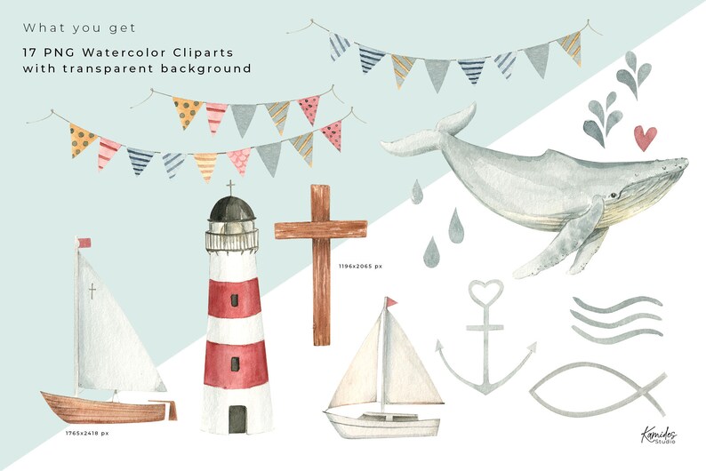 Op de afbeelding: Een set van 17 aquarel-clipart afbeeldingen met nautische en religieuze thema's. De afbeeldingen omvatten een vuurtoren, een zeilboot, een walvis, een kruis, een anker, een vis, golven en een vlaggenlijn. De afbeeldingen zijn perfect voor het maken van uitnodigingen, kaarten en andere knutselwerkjes.