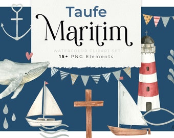 Maritim Taufe Clipart PNG, blue fish watercolor whale, creative asset aquarell, religious cross art boys, Symbole Kommunion / Konfirmation