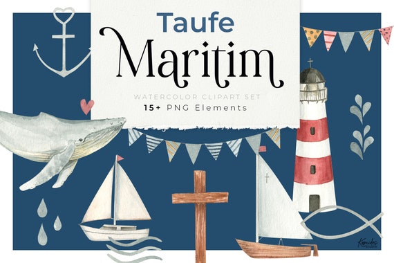 Maritim Taufe Clipart PNG, blue fish watercolor whale, creative asset aquarell, religious cross art boys, Symbole Kommunion / Konfirmation