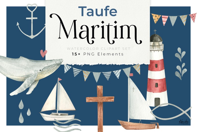 Op de afbeelding: Waterverf clipart set met een nautisch thema. De set bevat een walvis, een zeilboot, een vuurtoren, een kruis, een vis en een vlaggenlijn. De tekst "Taufe Maritim" staat op een witte achtergrond.