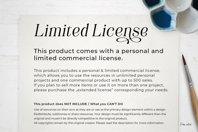 May include: A white paper with black text outlining the terms of a limited commercial license. The text states that this product comes with a personal and limited commercial license, which allows the user to use the resources in unlimited personal projects and one commercial product with up to 500 sales. The text also states that if the user plans to sell more items or use the product on more than one project, they must purchase an extended license.