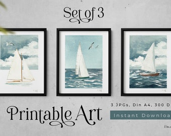 Set van 3 Zeilboten Printbare Kunst, nautische poster, muurkunst, Druckbare Wandkunst, Kunstdruck, Aquarelschilderij, Segelboot, varende oceaan