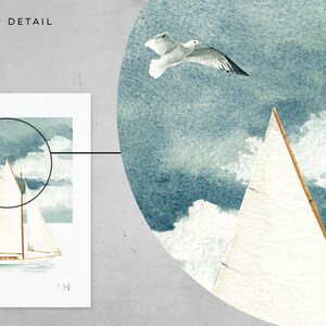 May include: A watercolor painting of a sailboat with white sails against a blue sky with white clouds. Two seagulls fly overhead.