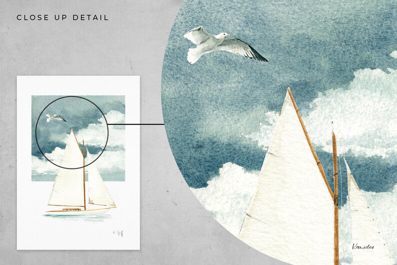 May include: A watercolor painting of a sailboat with white sails against a blue sky with white clouds. Two seagulls fly overhead.
