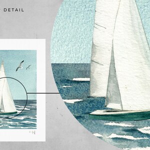 May include: A watercolor painting of a sailboat with white sails on a blue sea with whitecaps. The sky is a light blue with two white birds flying. The painting is signed "E. Lauridsen".
