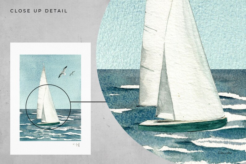 May include: A watercolor painting of a sailboat with white sails on a blue sea with whitecaps. The sky is a light blue with two white birds flying. The painting is signed "E. Lauridsen".