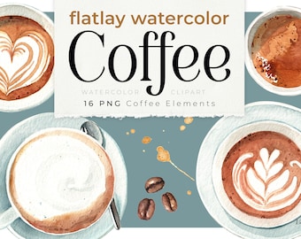 Flatlay Koffie Aquarel Illustraties, Café Graphic, Aquarell Coffee Clipart, Espresso, Cappuccino Illustratie, Barista Aquarel PNG Assets
