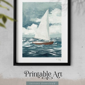 May include: A watercolor painting of a sailboat with a white sail on a blue and gray sea with white clouds in the sky. The painting is framed in black.