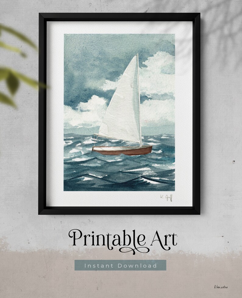May include: A watercolor painting of a sailboat with a white sail on a blue and gray sea with white clouds in the sky. The painting is framed in black.
