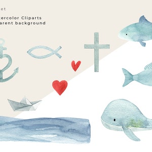 May include: A set of 10 watercolor clipart images featuring a blue anchor with a heart, a blue fish symbol, two red hearts, a blue cross, a blue fish, a blue whale, a blue paper boat, and a blue watercolor wave.