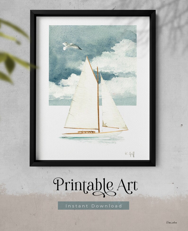 May include: A watercolor painting of a sailboat with white sails against a blue sky with white clouds. A seagull flies above the boat. The painting is framed in black.