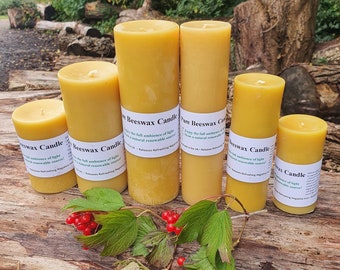 Pure Beeswax pillar candle Handmade in UK BEE Zero Waste solid natural bees wax candles 100% beeswax and Organic cotton wick