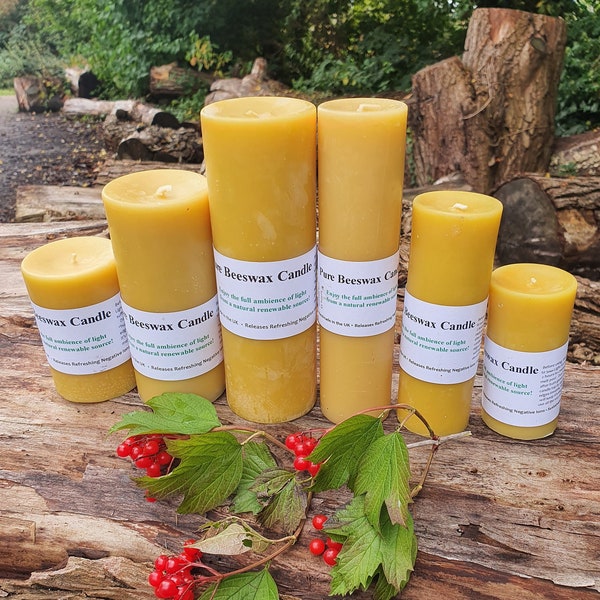 Pure Beeswax pillar candle Handmade in UK BEE Zero Waste solid natural bees wax candles 100% beeswax and Organic cotton wick