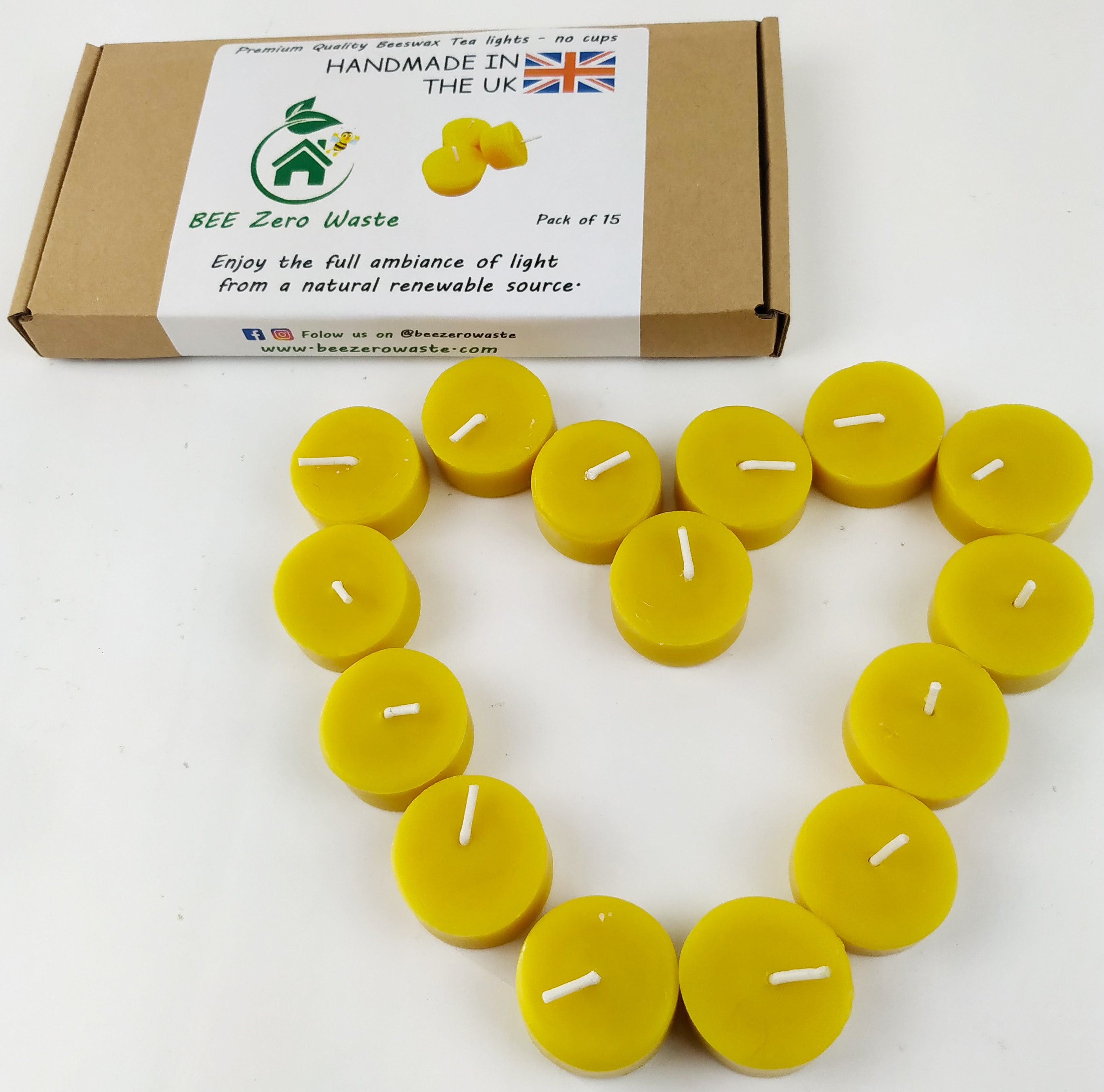 eco-friendly Hand Poured in UK BEE Zero Waste set of 15 Beeswax tealights