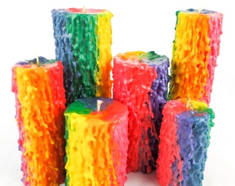 Rainbow Hand-Dripped Pillar Beeswax Candles, multi coloured candles, pride LGBTQ, support NHS, colourlfull candles, handmade color candles