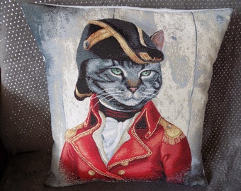 Jacquard cushion cover with placed pattern of costumed cat Admiral 45x45 cm.
