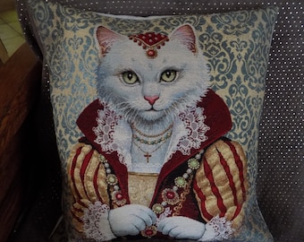 Housse de coussin jacquard motif placé chat costumé  MARQUISE 45x45 cm