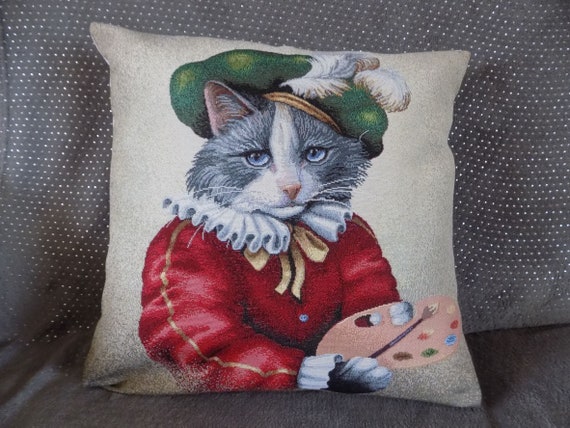Housse de coussin tapisserie jacquard  motif placé chat peintre