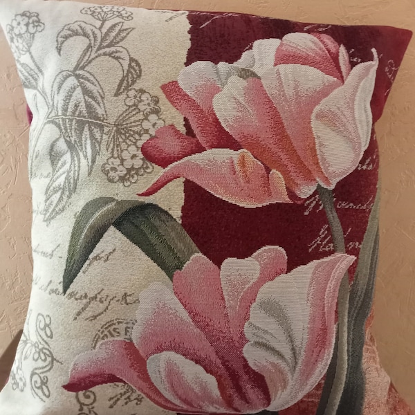 Housse de coussin tapisserie jacquard fleurs pivoines  pour coussin 45x45 cm.