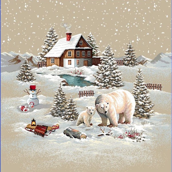 Housse de coussin en jacquard motif placé ours blanc devant chalet Noël