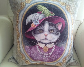 Jacquard tapestry cushion cover placed cat in hat 45x45 cm.