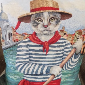 Jacquard tapestry cushion cover placed gondolier cat pattern 45x45 cm.