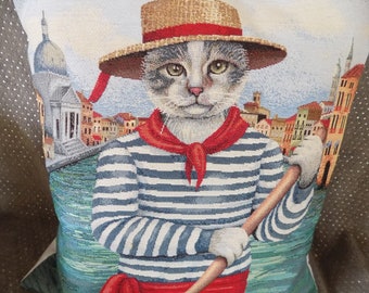 Jacquard tapestry cushion cover placed gondolier cat pattern 45x45 cm.