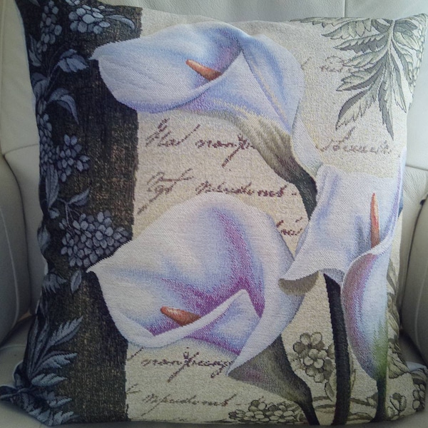 Housse de coussin tapisserie jacquard fleurs arums 45x45 cm.