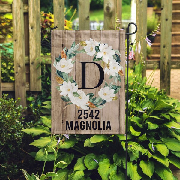 Address Sign Garden Flag - Address Garden Flag Personalized - Magnolia Wreath - initial garden flag - Address Sign for Yard - Outdoor Decor