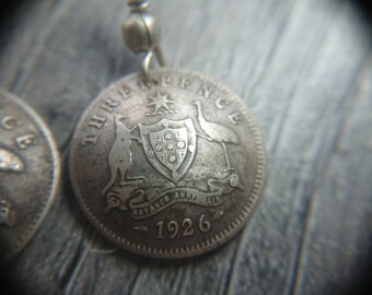 Australian Coin Earrings 1910-1963 Vintage Threepence Custom Year Handmade w/Sterling Silver Backs Wedding Birthday Gift