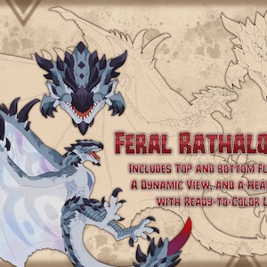 May include: Digital art featuring a Feral Rathalos base with multiple views, including top and bottom flying views, a dynamic view, and a headshot view. The artwork showcases a dragon with blue, gray, and white coloring, with the text "Feral Rathalos Base".