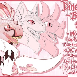 May include: A digital illustration of a pink dinosaur mask base with three different head options: a raptor, a T-Rex, and a Therizinosaurus. The base includes 12 ear options, 3 feather options, 5 horn options, 13 tails, and 12 paws. The text "DinoMask -Base- £10 -INCLUDES- Raptor, T-Rex, & Therizinosaurus Heads 12 Ear Options 3 Feather Options 5 Horn Options 13 Tails 12 Paws -SUKARIDRAGON- " is included in the image.
