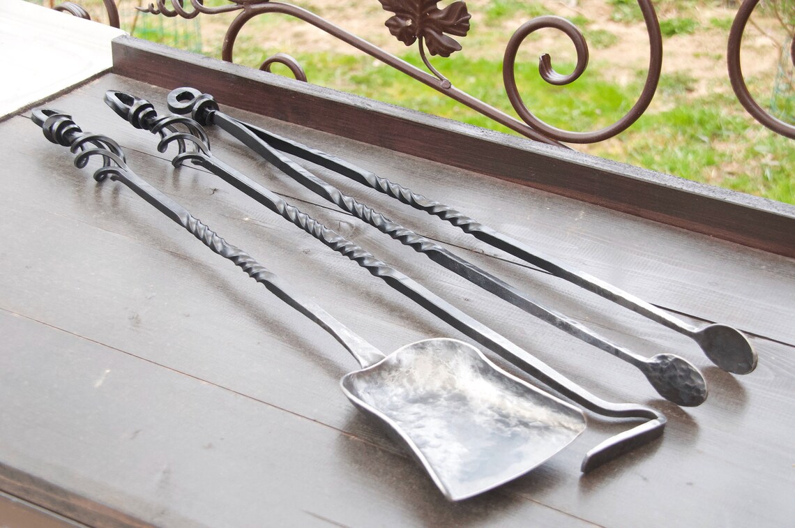 3 Piece Hand Fireplace Tools Set Wrought Iron Etsy