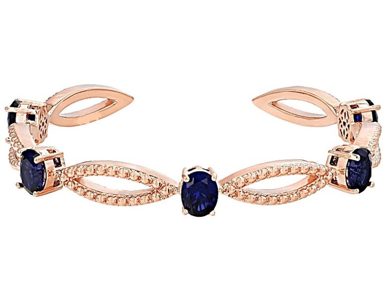 Oval Shaped Natural Blue Sapphire Gemstone 925 Sterling Silver Rose gold Plated Cuff Bracelet,Adjustable bracelet,