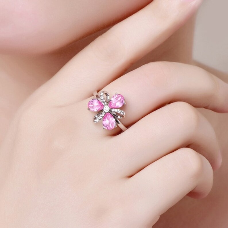 Flower Shape Topaz Ring,Natural Pink Topaz with Natural Zircon Gemstone 925 Sterling Silver Ring,November Birthstone Ring,Topaz Silver Ring