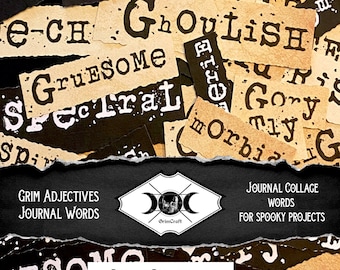 DIGITAL**Adjetivos sombríos y espantosos para diarios basura Collage de palabras de diario descargables espeluznantes y espeluznantes