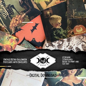 DIGITAL ** Vintage Retro Halloween Postkarten und Umschläge Herunterladbare druckbare Spooky Unheimlich Surreal