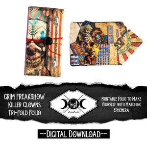 DIGITAL**Killer Clown Grim Freakshow Themed Horror Junk Journal Tri-Fold Folio Printable Kit with Ephemera and BONUS 3 Bloody Circus Papers