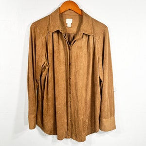 vintage chicos beige button up size 2 shirt  large very soft polyester and spandex