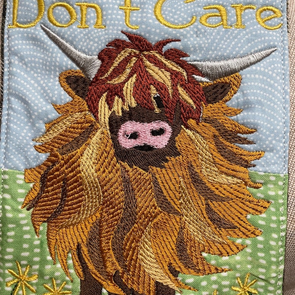 Highland Cow Machine Embroidery Digital Download, Messy Hair Mug Rug In The Hoop Project with instructions.