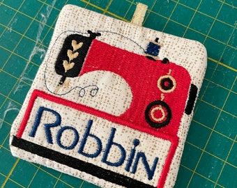 Sewing Machine Name Tag  Embroidered Design, customizable, for 4x4in hoops