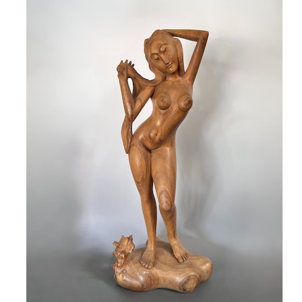 Nude figure wood sculpture Thailand standing woman naked old statue from collector's estate wooden figure beautiful breasts breasts lady art