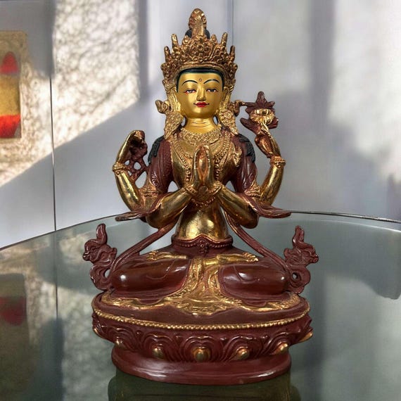 仏像チェンレジ・観世音菩薩青銅火金メッキチベット彫刻ネパール