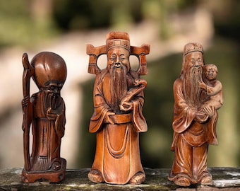 Fu Lu Shou | Wooden figure | 18 cm tall figures | Chinese sculptures | China household gods | Health | Long life | Wealth | Luck
